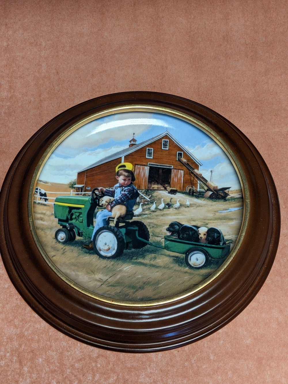 Vintage 1996 Porcelain Plate "Tractor Ride" By Donald Zolan With Wood Frame